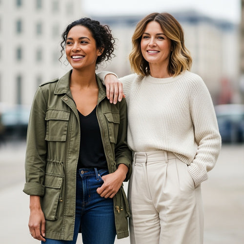 Two women standing together on a city street, smiling.