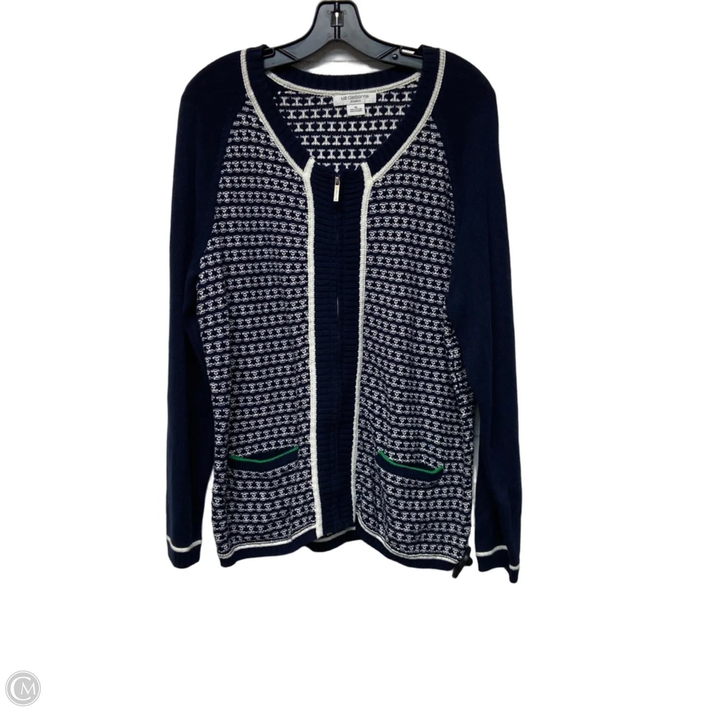 Sweater Cardigan By Liz Claiborne In Blue & White, Size: 1x