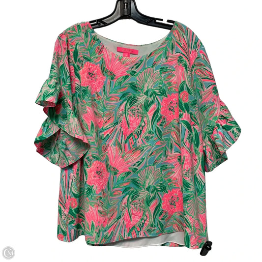 Top Short Sleeve Designer By Lilly Pulitzer In Green & Pink, Size: Xl
