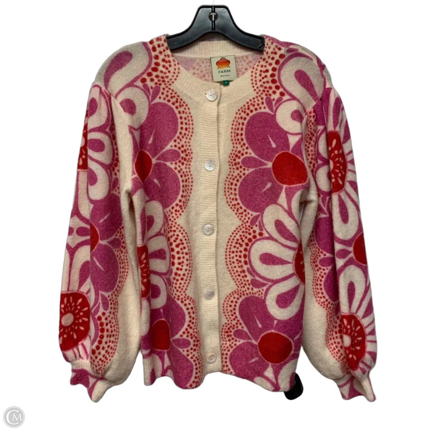 Sweater Cardigan Designer By Farm Rio In Cream & Pink, Size: S