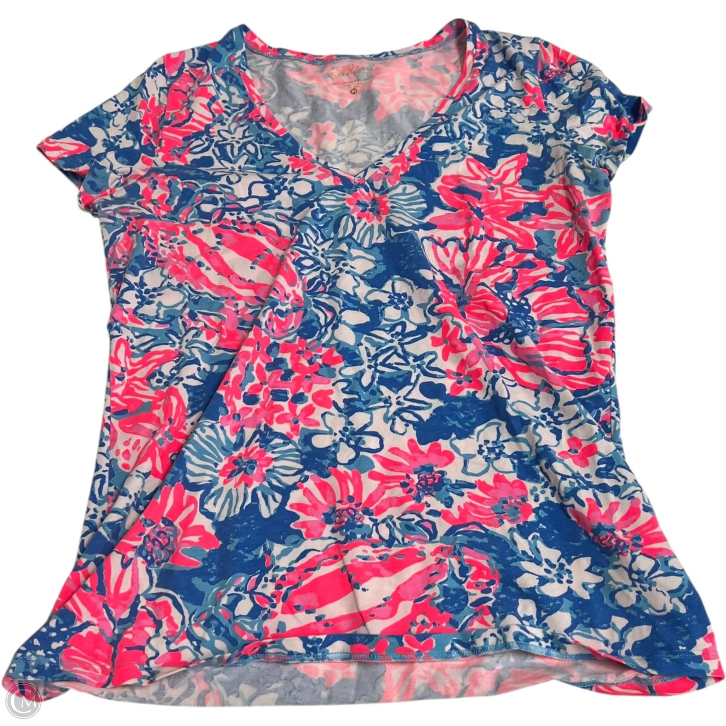 Top Short Sleeve Designer By Lilly Pulitzer In Blue & Pink, Size: M
