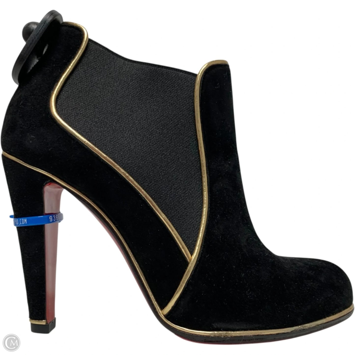 Boots Luxury Designer By Christian Louboutin In Black & Gold, Size: 7