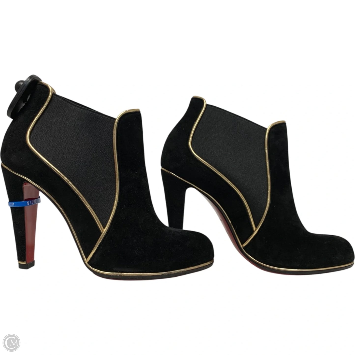 Boots Luxury Designer By Christian Louboutin In Black & Gold, Size: 7