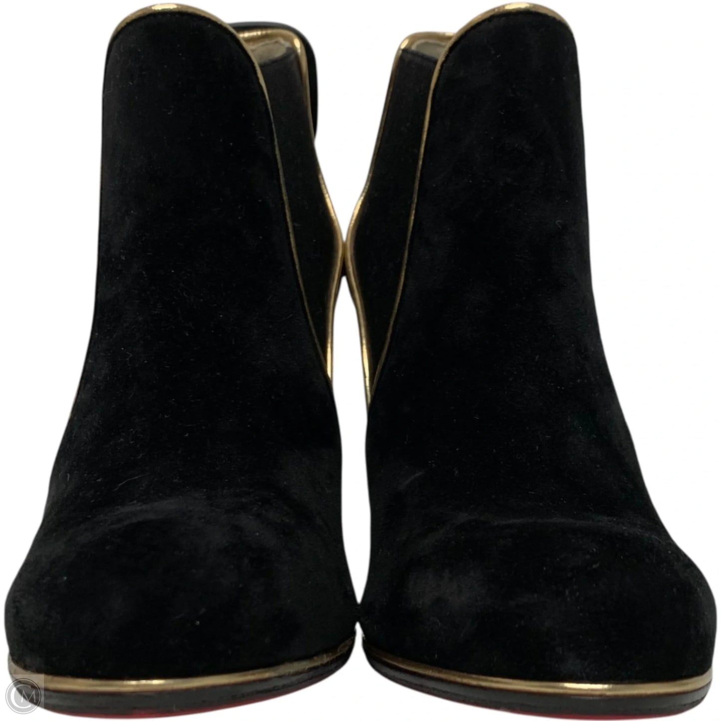 Boots Luxury Designer By Christian Louboutin In Black & Gold, Size: 7