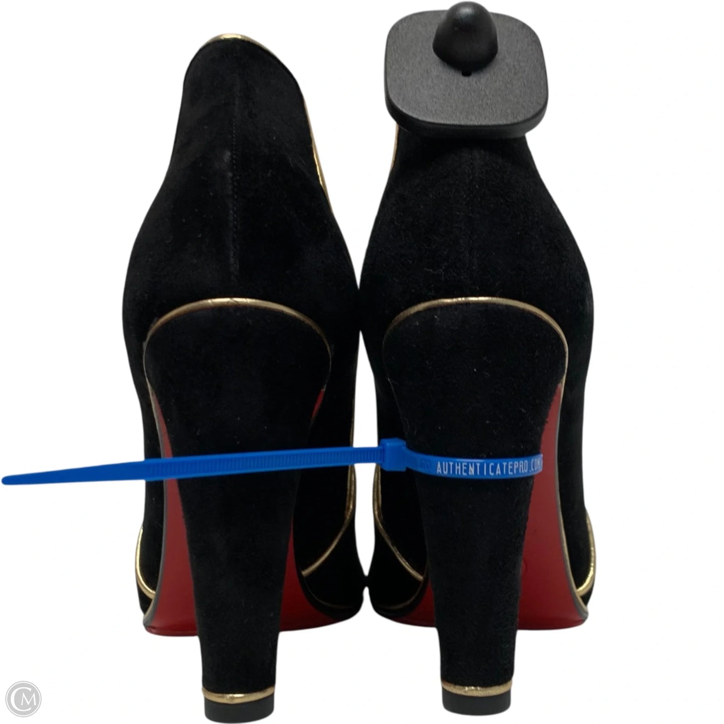 Boots Luxury Designer By Christian Louboutin In Black & Gold, Size: 7