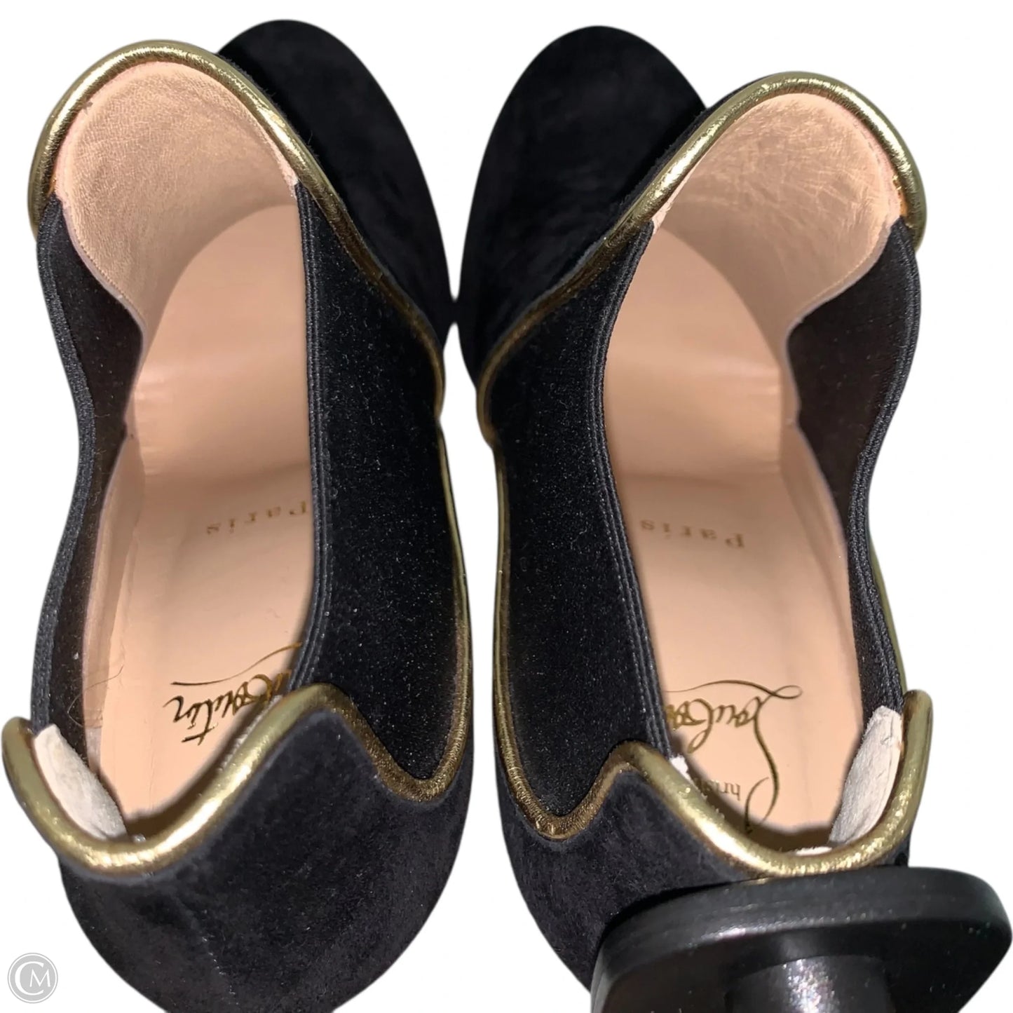 Boots Luxury Designer By Christian Louboutin In Black & Gold, Size: 7