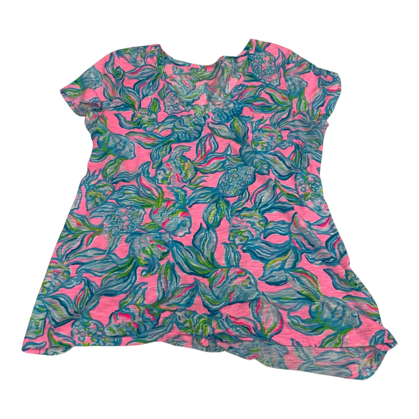 Top Short Sleeve Designer By Lilly Pulitzer In Blue & Pink, Size: M