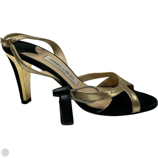 Sandals Luxury Designer By Jimmy Choo In Black & Gold, Size: 6.5