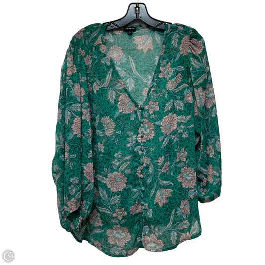 Blouse Long Sleeve By Torrid In Green & Pink, Size: L