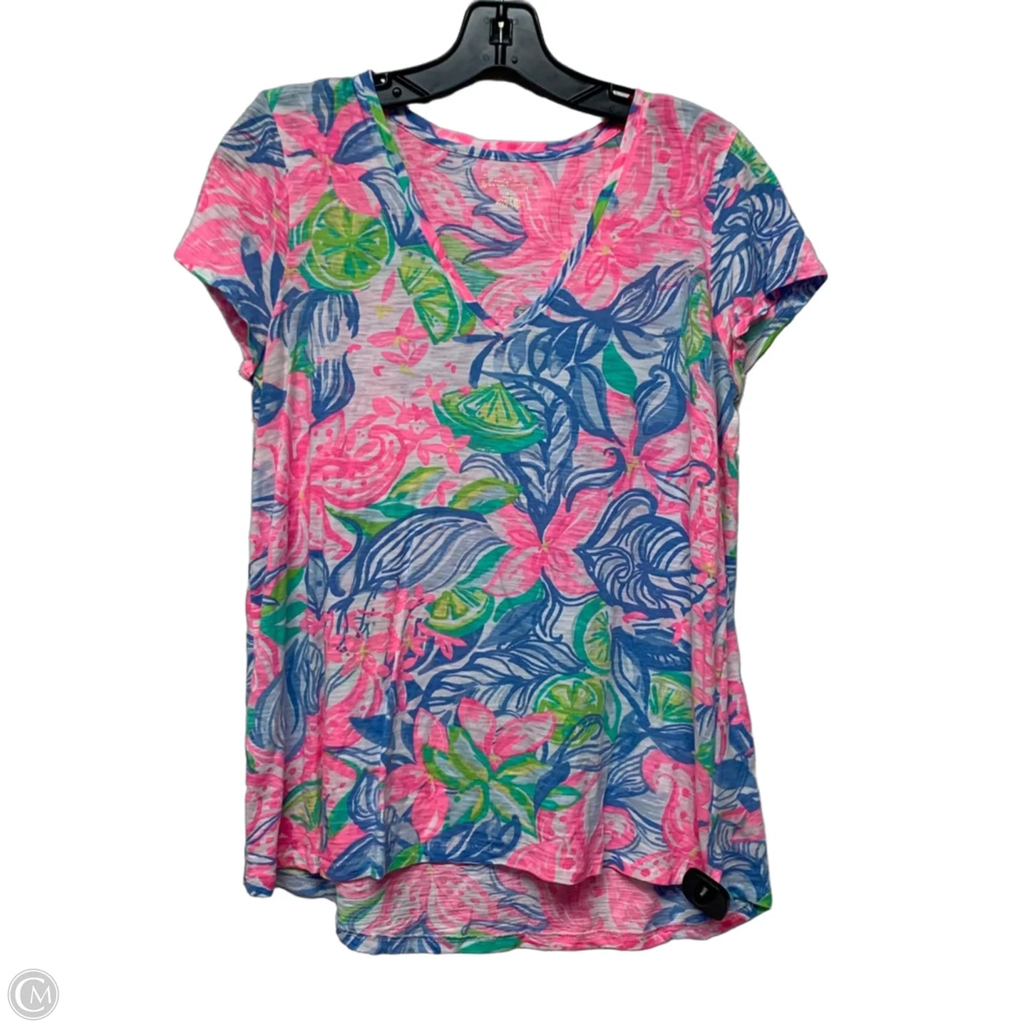 Top Short Sleeve Designer By Lilly Pulitzer In Blue & Pink, Size: M
